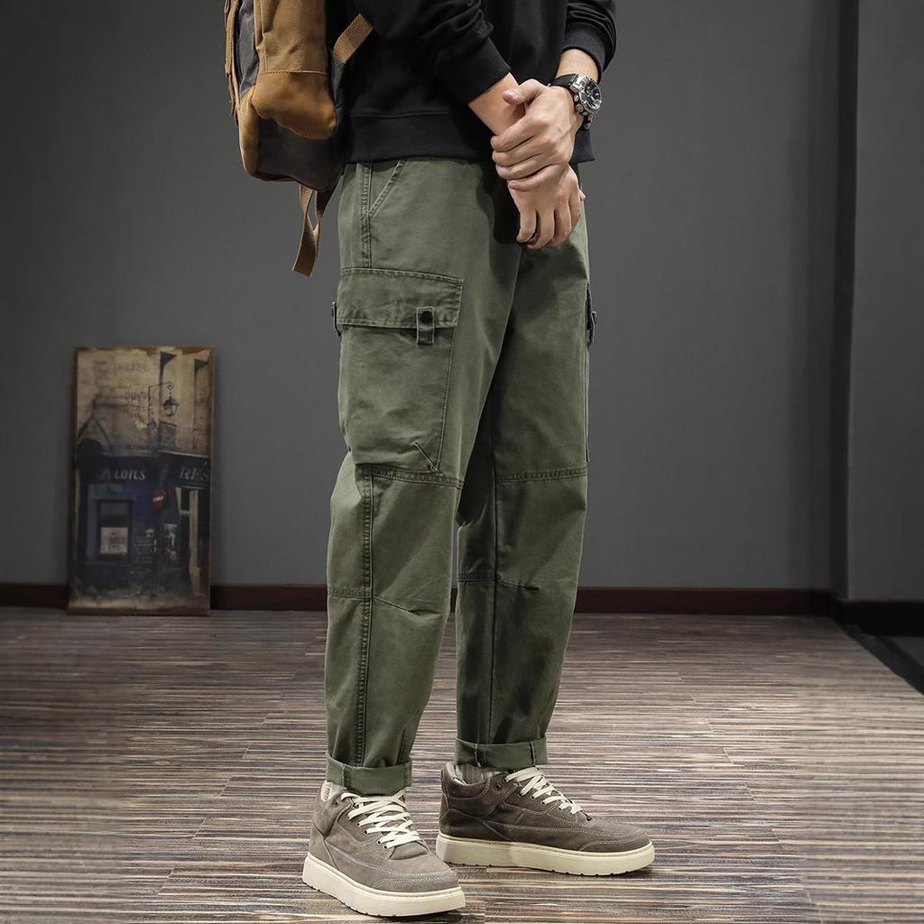 American trendy brand retro functional splicing overalls men's loose straight large size Harlan pants spring pure cotton casual pants