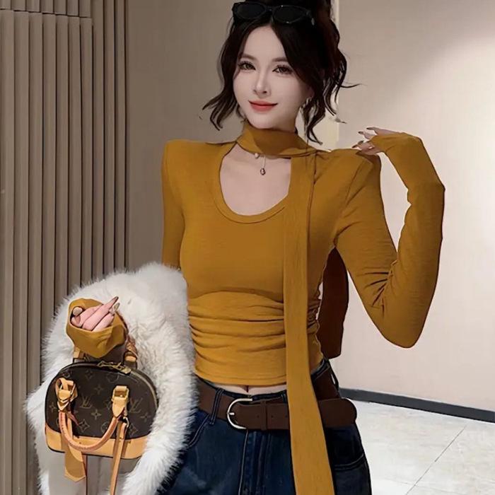 Threaded Velvet U-Neck Long-Sleeve Fleece T-shirt - Autumn/Winter Ribbon Design, Elegant Style
