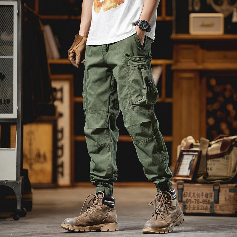 Retro Tying Work Pants for Men's Spring and Autumn Pure Cotton Wear-resistant Work Loose Casual Trousers