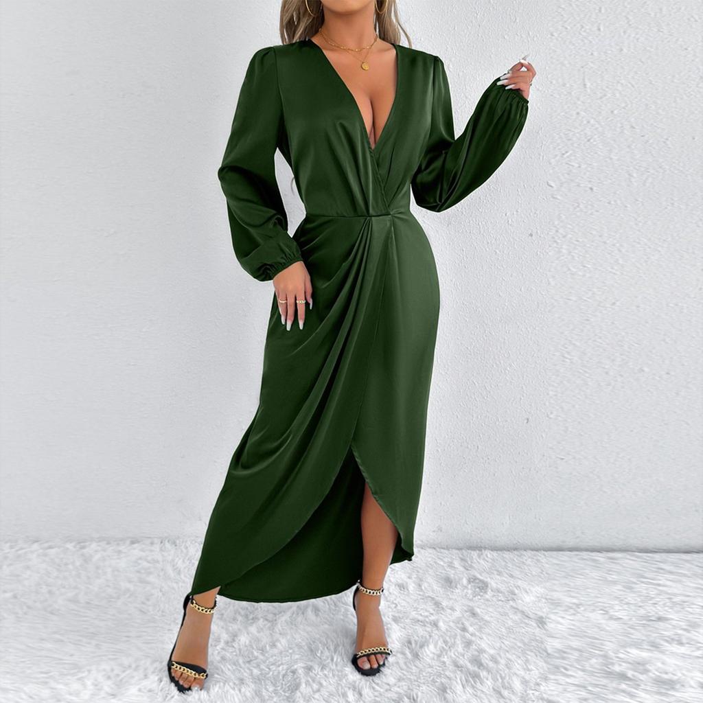 Women's Fashion Summer Sexy Color V Neck Long Sleeved Dress