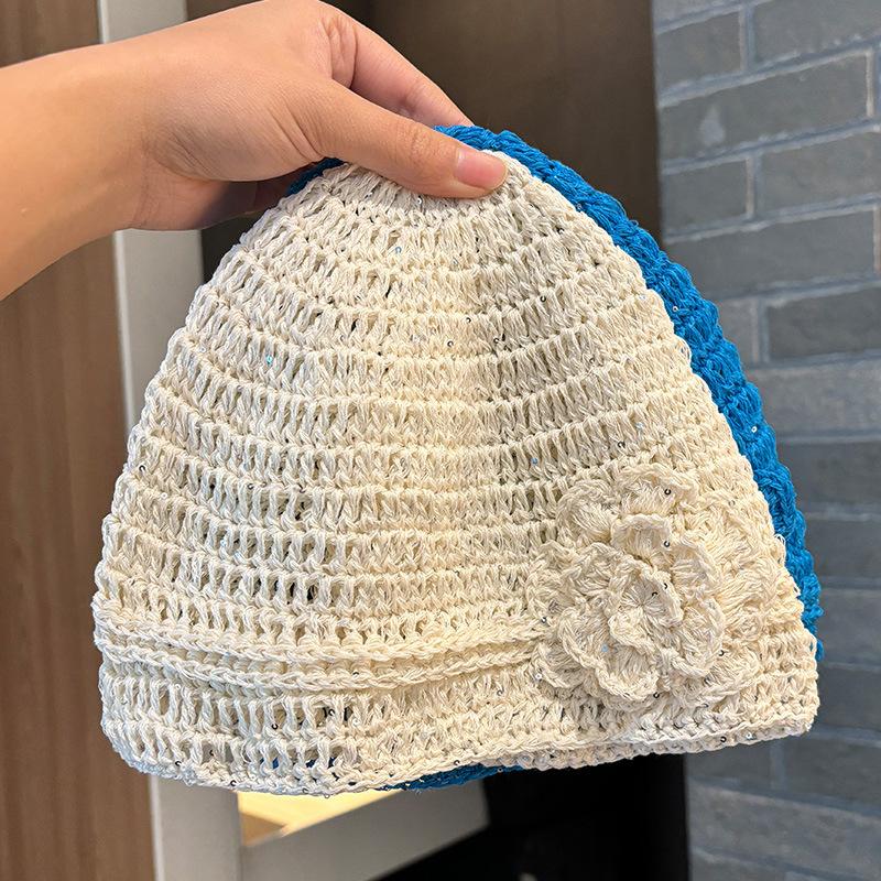 Spring Flower Baotou Hat Spice Girl Hollow Breathable Cool Handmade Knitted Sleeve Cold Hat Sequined Wool Hat