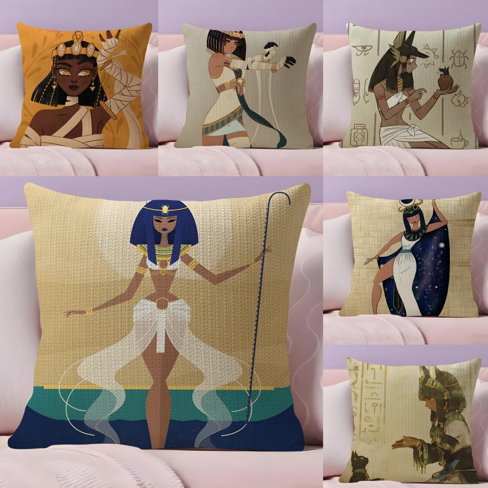 Cartoon Ancient Egyptian Cushion Cover Natural Linen Organic Fabric DoubleSided Printing Sofa Home Decor Breathable Bed Pillow