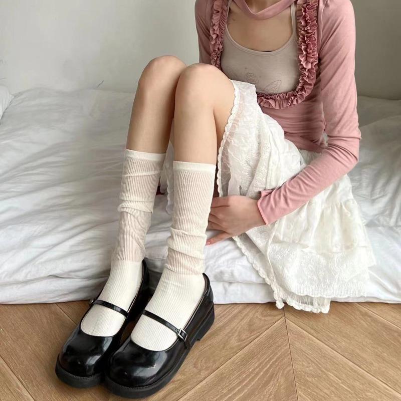 

Women Lolita Thin Mid Length Socks Are Comfortable Breathable Knee-socks Lace Casual Soft Solid Simple Vertical Socks ons size чорний