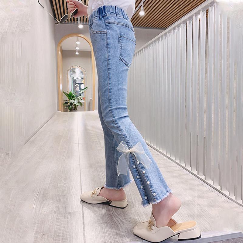 Denim Pants for Teenage Girls Jeans Spring Autumn Fashion Casual Loose Blue Bow Kids Leg Pearl Wide Pants Children Trousers