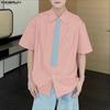 INCERUN Oversized Men Lapel Neck Short Sleeve Stitching Casual Loose Shirts