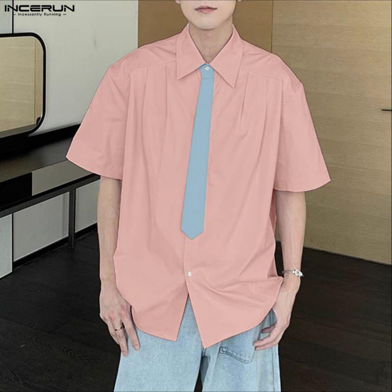 INCERUN Oversized Men Lapel Neck Short Sleeve Stitching Casual Loose Shirts