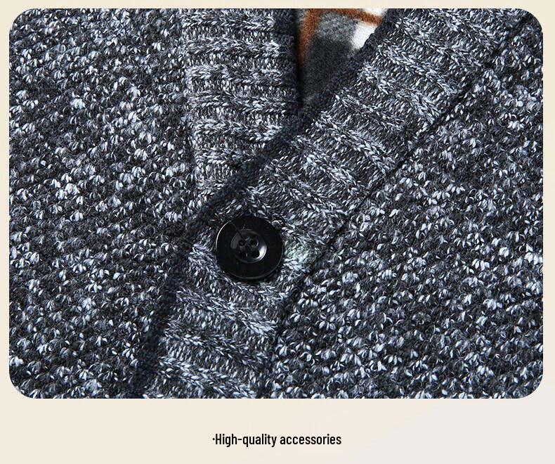 Men's Grey Plus Velvet Cardigan Sweater - Autumn/Winter Warm Knitwear for Middle-aged and Elderly