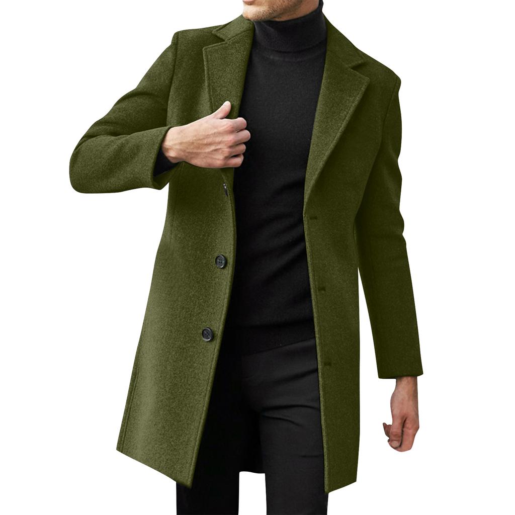 Men's Mid Length Trench Coat Trendy Business Single Breasted Wool Coat