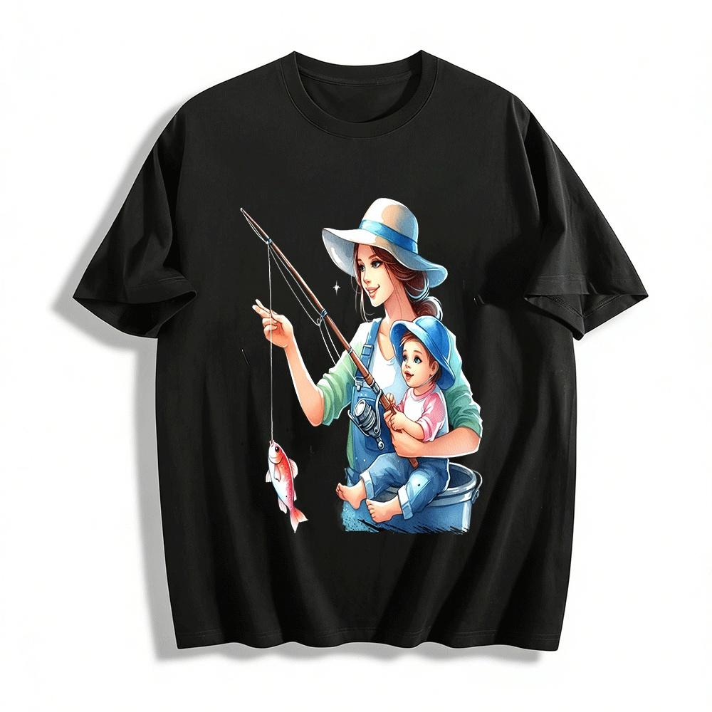 Warm Parent-child Fishing Time Print Casual T-shirt For All Ages Pure cotton T-shirt XXS