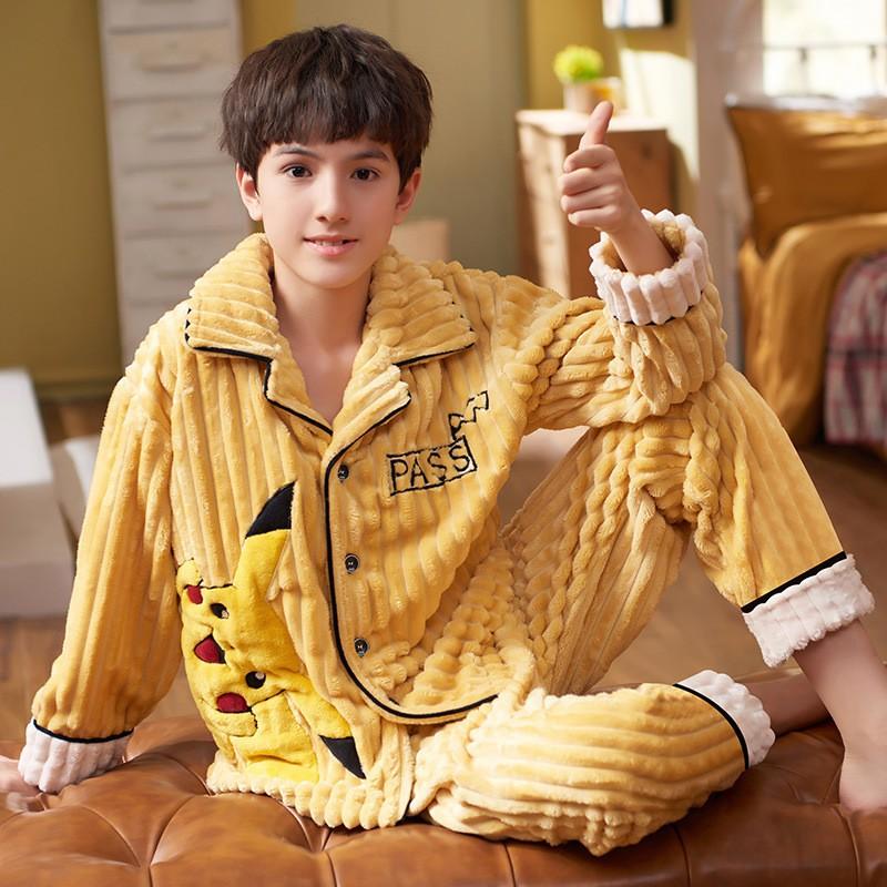 Boys Warm Coral Fleece Pajama Set Winter Thick Flannel Sleepwear Kids 8-14 Years