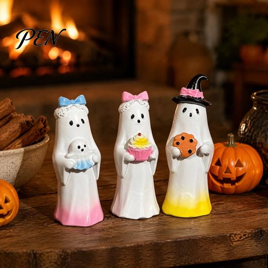 Small Ghost Statues for Fireplace Halloween Cute Ornament, Resin Figurines with Cake/Cookie Table Decorations Design Desktop Home Holiday Party