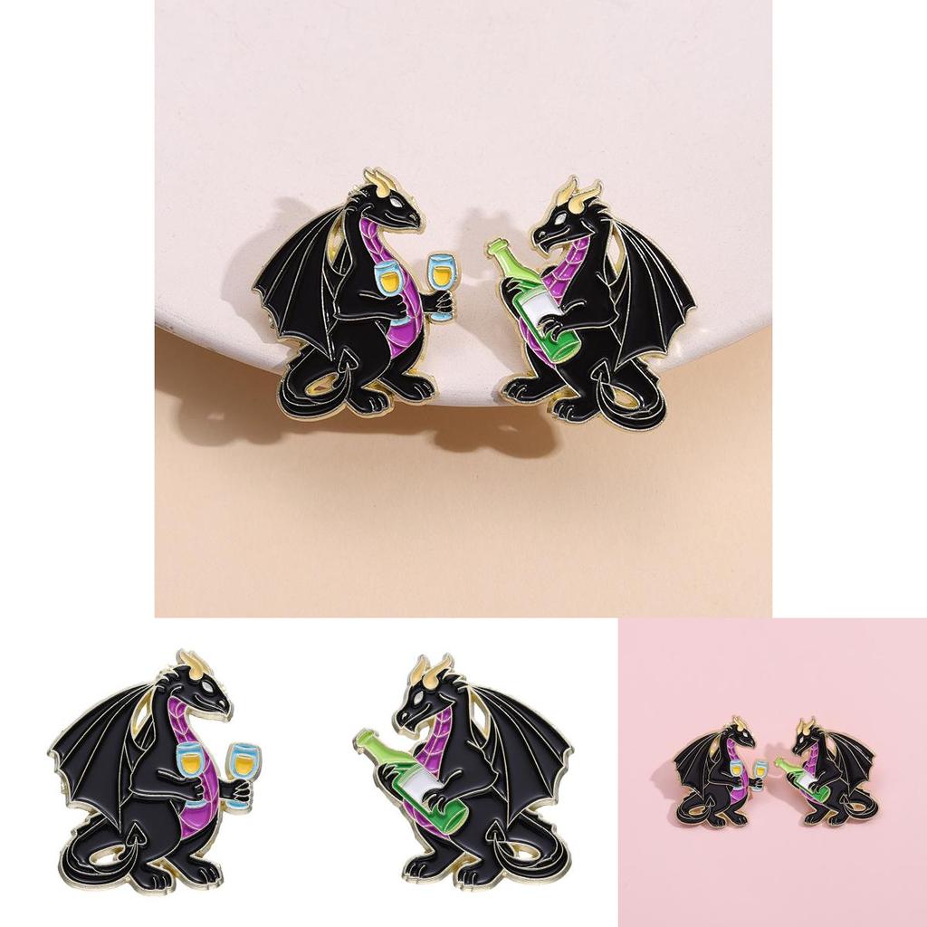 Playful Dinosaur Black Drink Cup Metal Brooch Creative Animal Badge Accessory For Fashion Enthusiasts