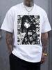 Casual Crew Neck Short Sleeve T-shirt with Anime-Style Print - Black & White Design