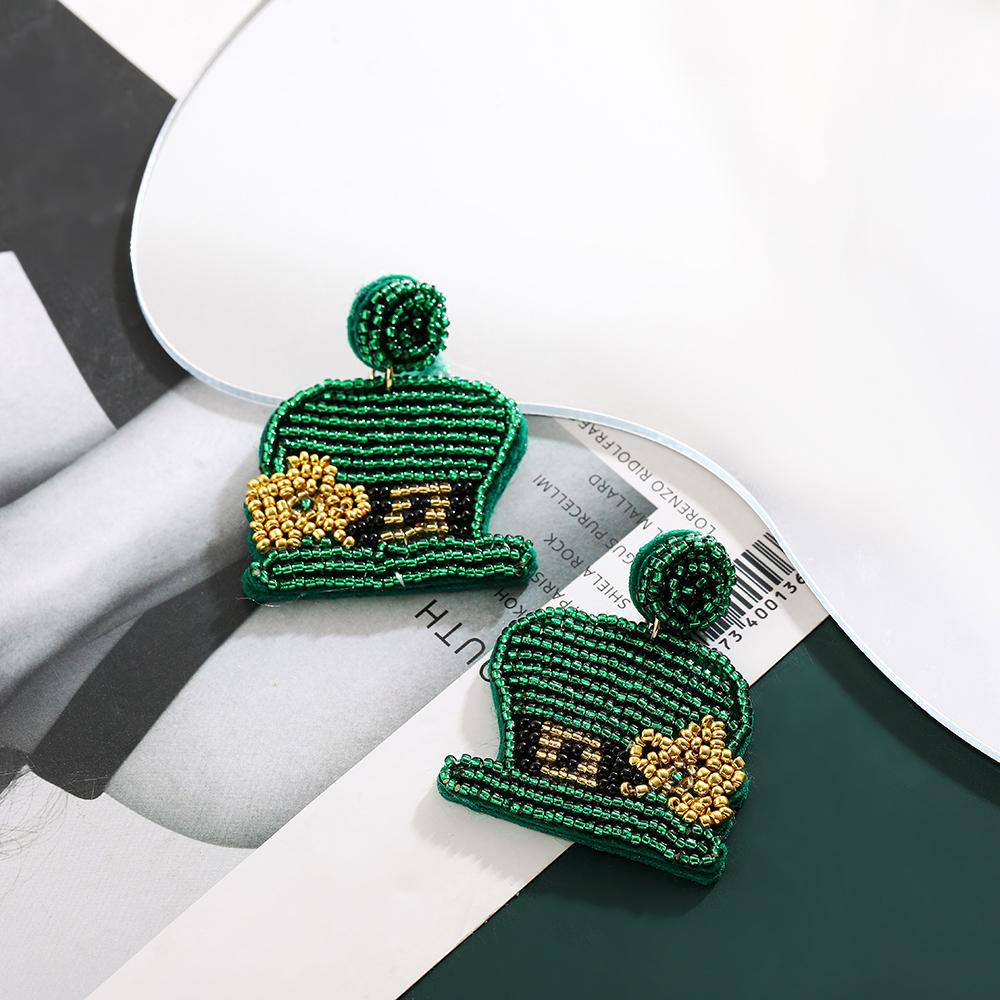 

Lucky Heart Shamrock Beer Glass Leprechaun Drop Earrings Handmade Beaded Green Earring for Women St Patricks Day Zircon Gift