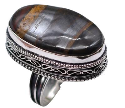 Banded Agate Natural Gemstone Antique Silver Plated Ring US Size-7 A 473