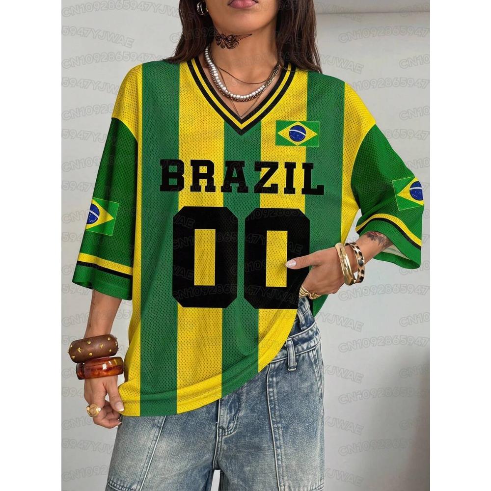 Summer Casual Women s Y2K Brazil Graphic Print Tee Plus Size Short Sleeve Streetwear Top Hole Mesh Jerseys S