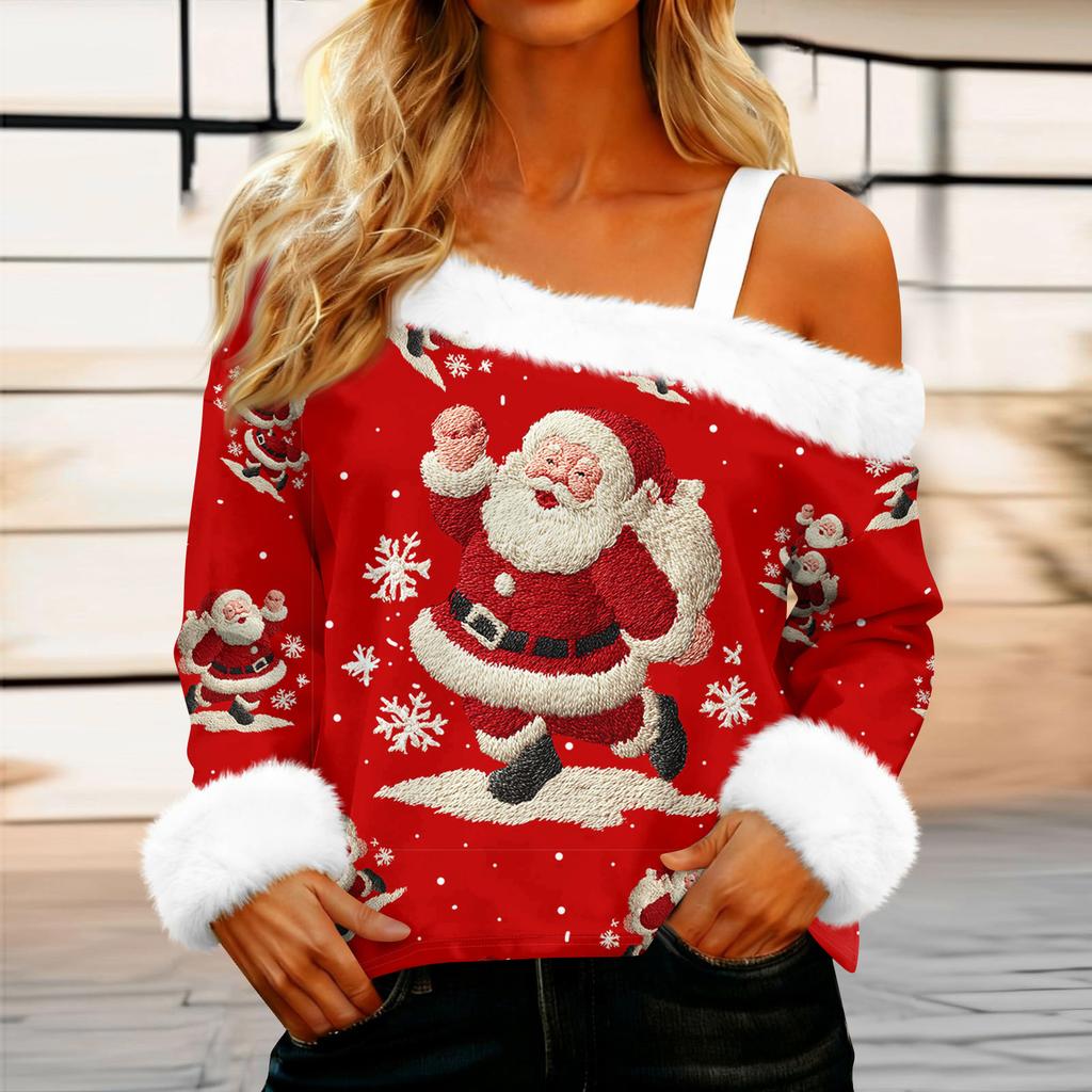 Women's Casual Fashion Sexy Off-Shoulder Collar Christmas Pattern Long Sleeve Crewneck T-Shirt Top