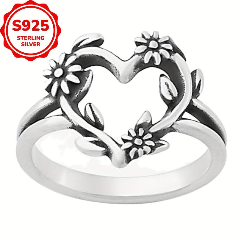 Fashion S925 Sterling Silver Antique Silver Heart-shaped Carved Flower Ring for Women Wedding Engagement  Gift