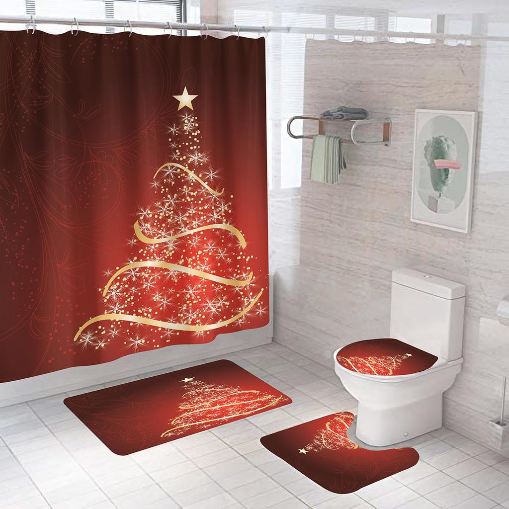 Christmas Tree Bathroom Set Shower Curtain Set Waterproof Santa Claus Anti-Skid Rugs Toilet Cover Bath Curtains Set With Hooks