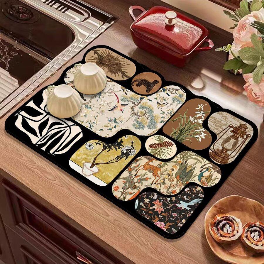 Vintage Kitchen Countertop Draining Mat Tableware Mat Non-Slip Mat Microwave Oven Top Mat Placemat Heat Insulation Mat