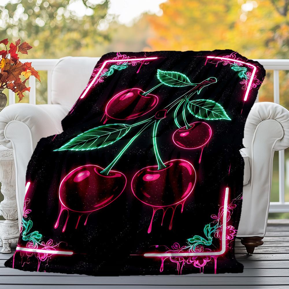 1pc Cherries Neon Outdoor Flannel Blanket Soft Warm All-Season Throw for Sofa Bed Car Camping Office, Cozy Gift Idea1180S