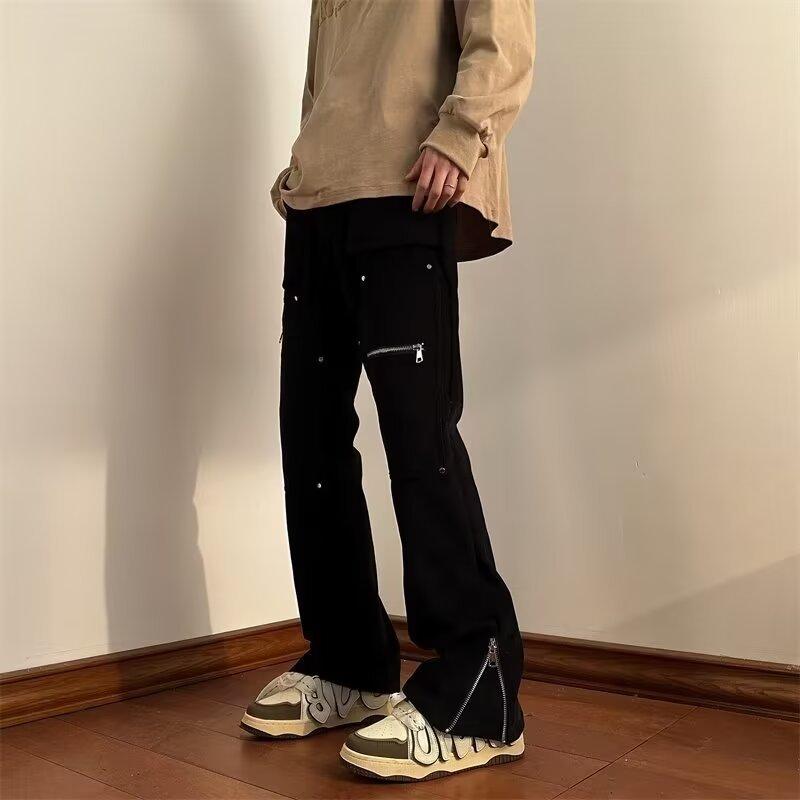 JYL Men s Flare Jeans Dark Style Zipper Vintage Draped Split Raw Edge Denim XL амарантовый