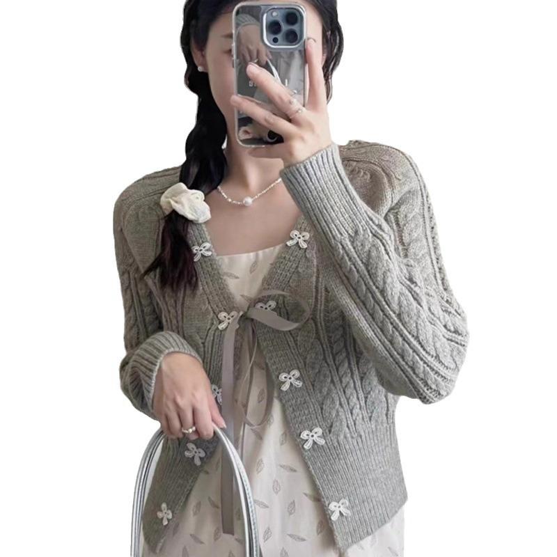 Korean Fresh Style Bow Knit Cardigan Women Autumn Retro Design Sweater Coat Top