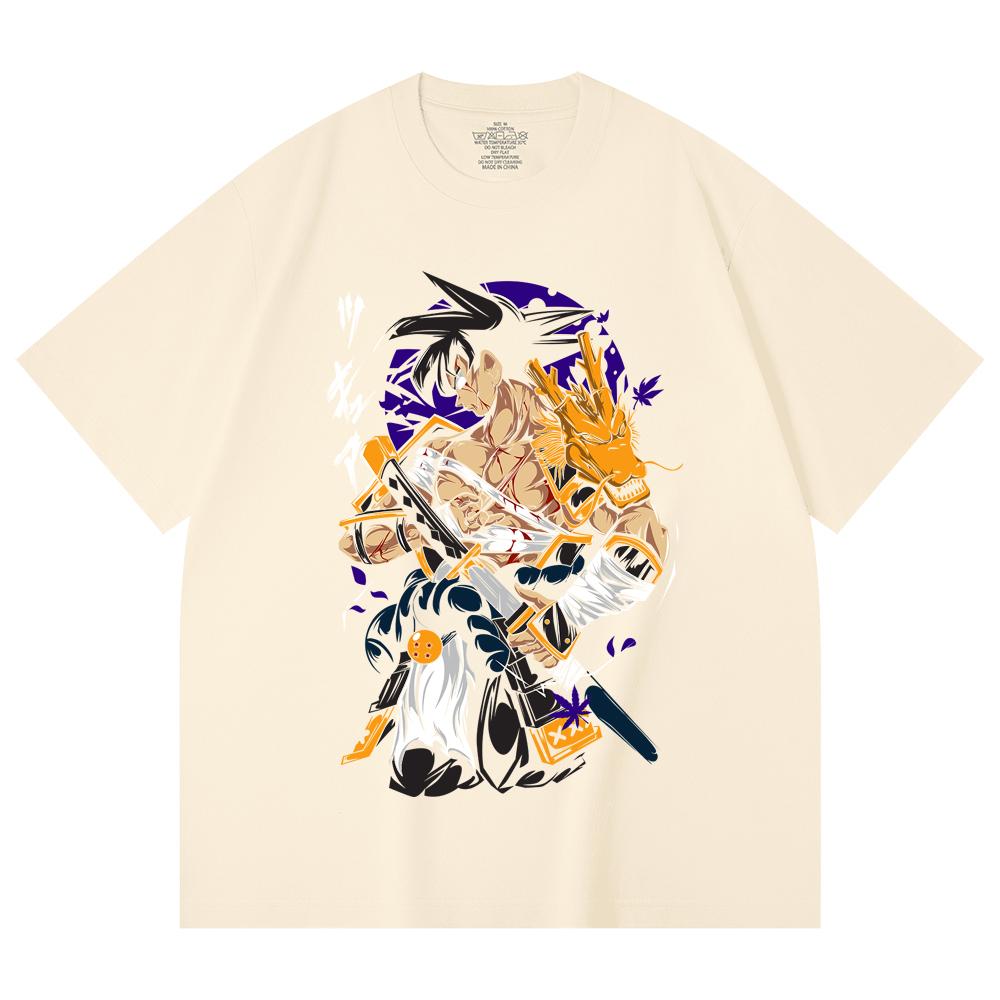 

230 г/м² 100% хлопок Dragon Ball V68 Гоку Самурай Принт Унисекс Тяжелая Хлопковая Футболка XS абрикосовый