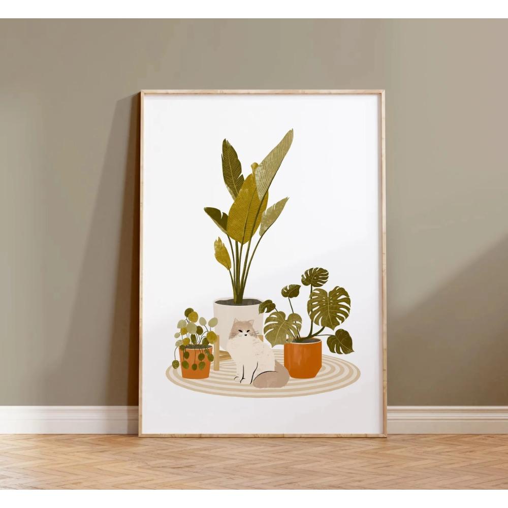 Watercolor Cute Kittens Potted Plant Canvas Print Cartoon Green Plants Animals Wall Art Postes for Modern Living Room Home Decor