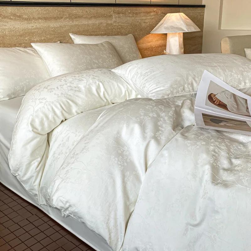 Light Luxury Satin Jacquard Solid Fitted Sheet Sets Pure Cotton Skin-Friendly Soft Quilt Cover 1.5/1.8M Bed Bedding for Adults