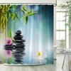 Green Bamboo Zen Shower Curtains Set, Spa Stones and Orchids Flowers Polyester Fabric Bath Curtain with Hooks Bathroom Decor