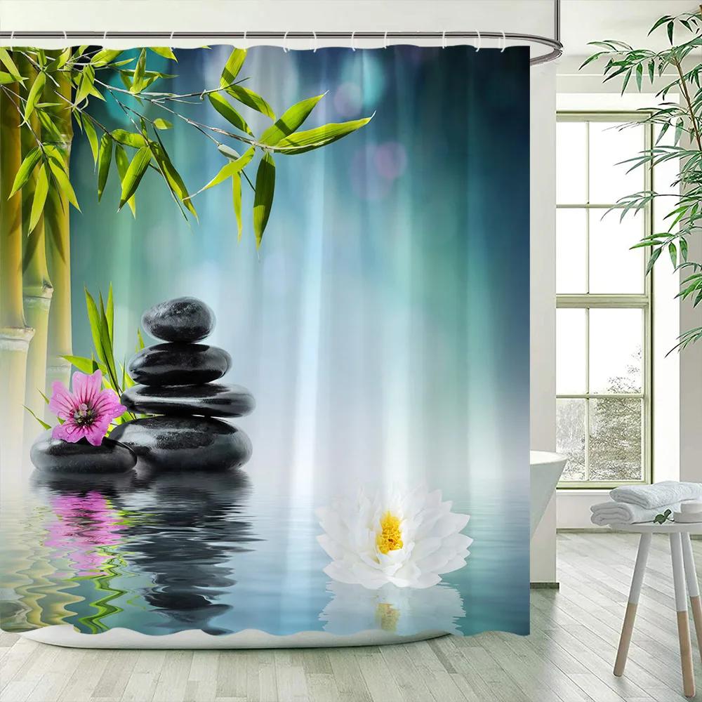 Green Bamboo Zen Shower Curtains Set, Spa Stones and Orchids Flowers Polyester Fabric Bath Curtain with Hooks Bathroom Decor
