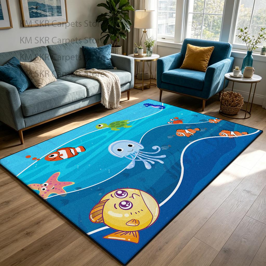 3D Ocean World Living Room Carpet Cute Lounge Décor Machine Washable Non-slip Lounge Rug Soft Fluffy Bedroom Bedside Mat Custom