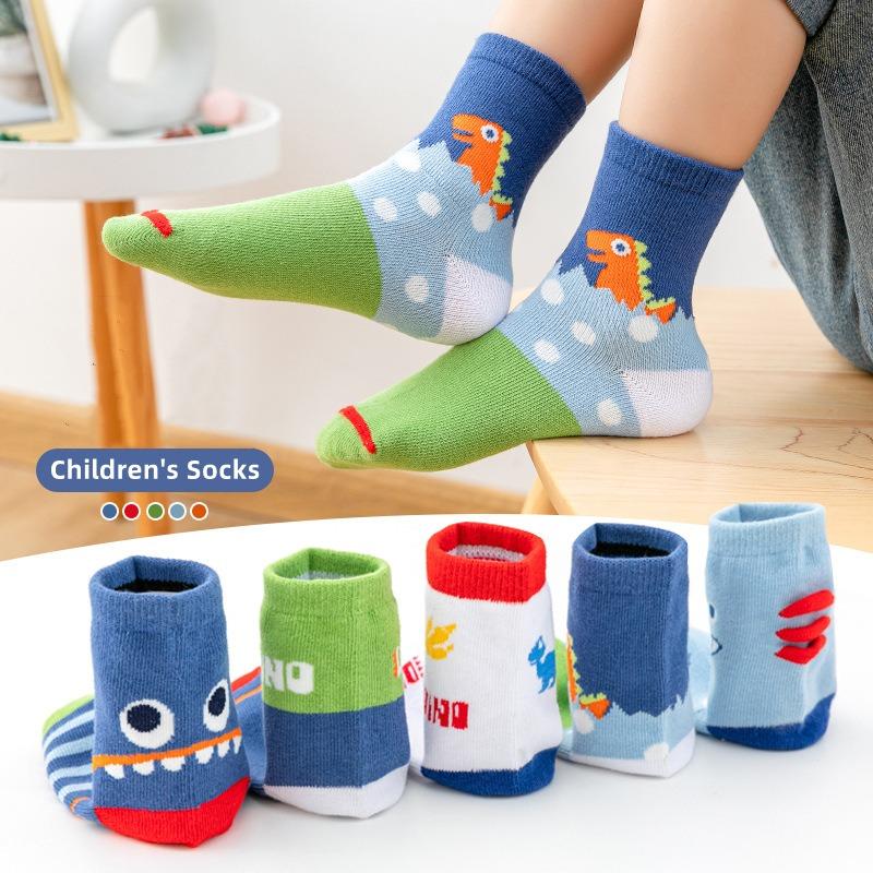 5 Pairs Cartoon Children Socks Cute Dinosaur Pattern Soft Breathable Cotton Boys Girls Kids Sports Socks for 1-12Years