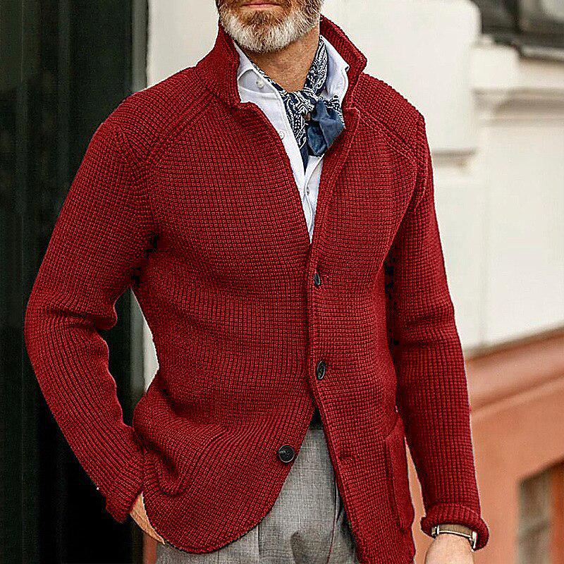 Men's Casual Long Sleeve Solid Color Knitted Cardigan - European & American Fashion