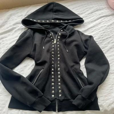 Womens Casual Black Hooded Jacket Zip Upeatshirt Ribbed Knit Collar  Long Sleeve Autumn Winter Streetwear Y2K Style Outerwear