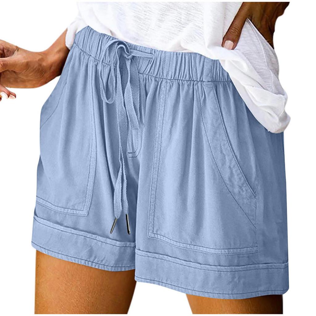 Women's Summer Large Size Loose Solid Color Drawstring Lace-Up Pocket Casual Shorts Women