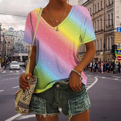 Women's V-Neck Short Sleeve Pink Stars Printed Tops Loose T-Shirt Casual Blouse
