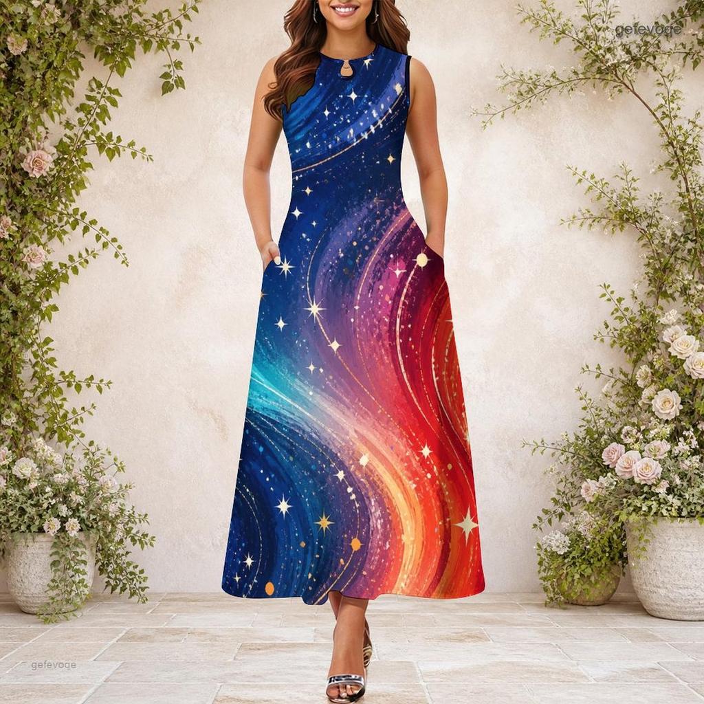 Women Plus Size Keyhole Neck Sleeveless Galaxy Printed A Line Long Dress Red Blue White