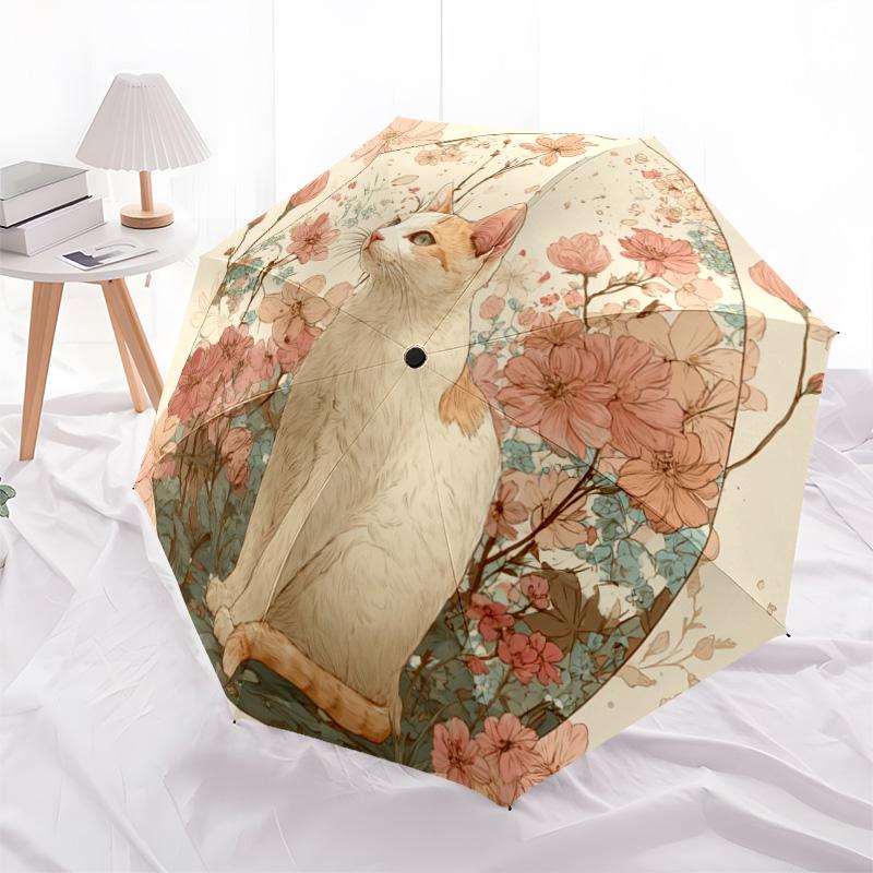 1 PC Automatic Folding Umbrella - White Cat Pattern, Portable & Foldable Design with 8 Ribs, Christmas Birthday Gifts