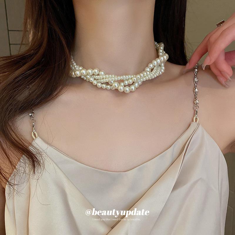 Vintage French Multi-Layer Pearl Choker & Braided Clavicle Necklace