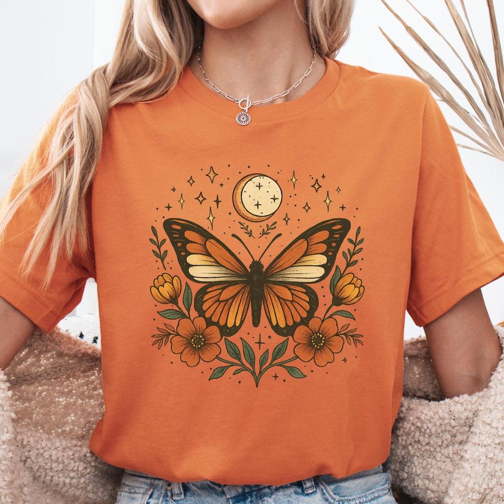 Boho butterfly floral T-Shirt, flowers tee, Orange Moth Tee, night-fly bohemian shirt, Boho Celestial Butterfly tee, Botanical women shirt