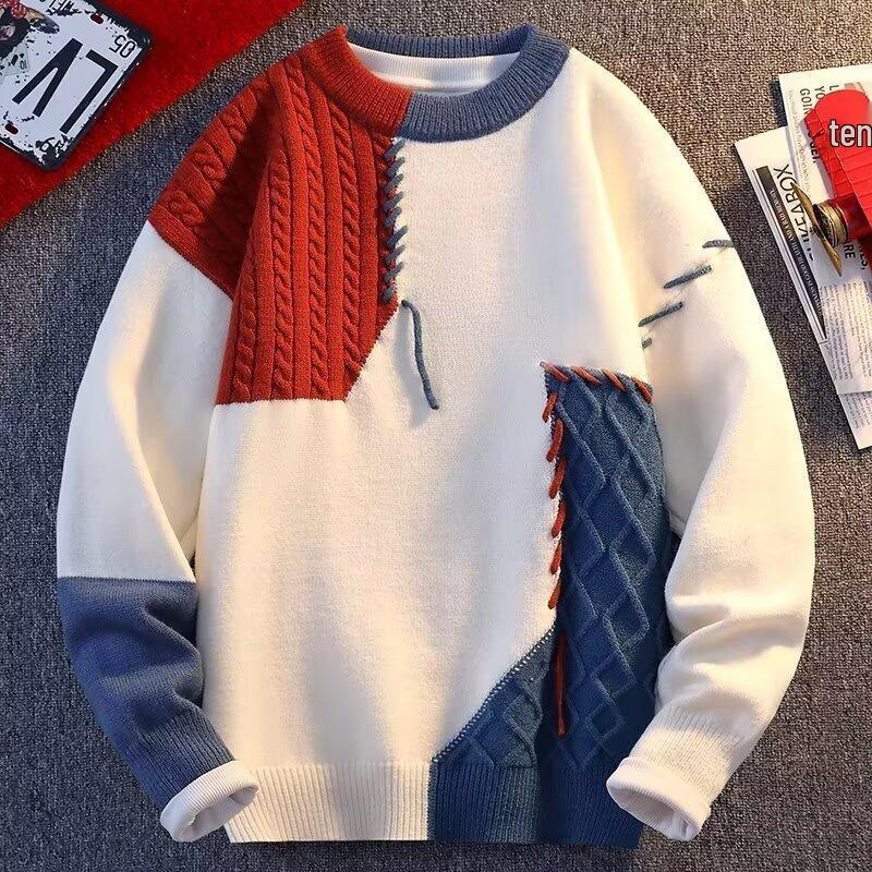 Unisex Patchwork Color-block Sweater - Autumn/Winter Casual Loose Arctic Fleece Knit Pullover. 3XL