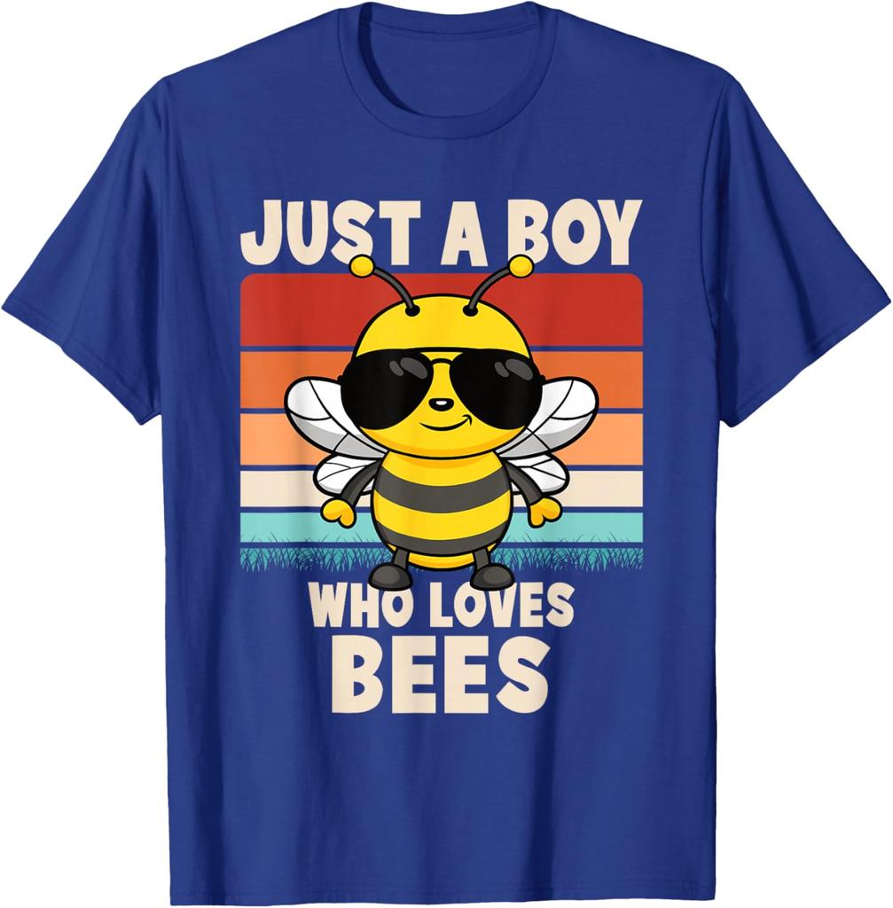 Just A Boy Who Loves Bees Cartoon Graphic Tee Men Casual Breathable Short Sleeve T-Shirt