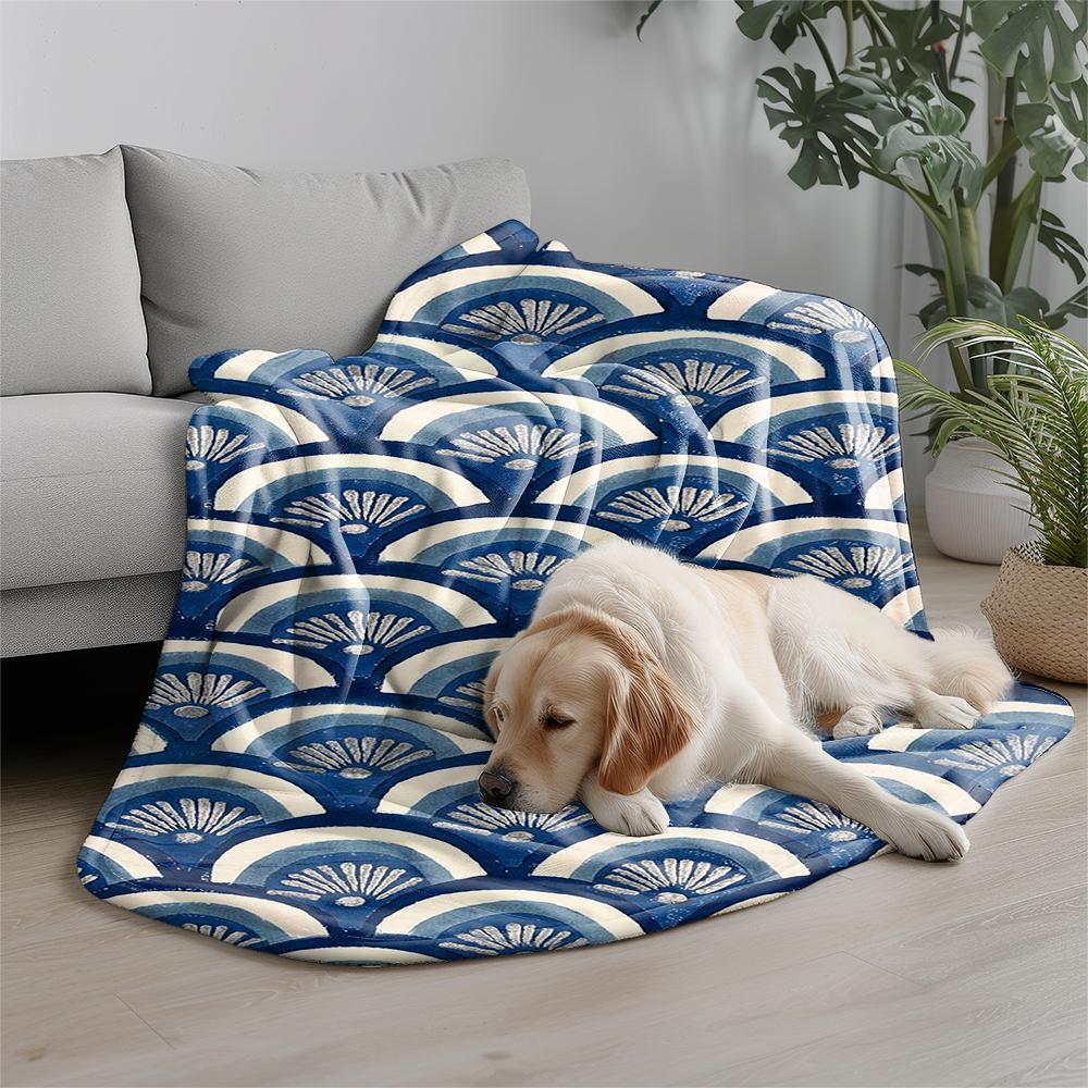 Blue Fan Pattern Microfiber Flannel Cover Blanket Bedroom Living Room Sofa Soft And Comfortable Home Decoration