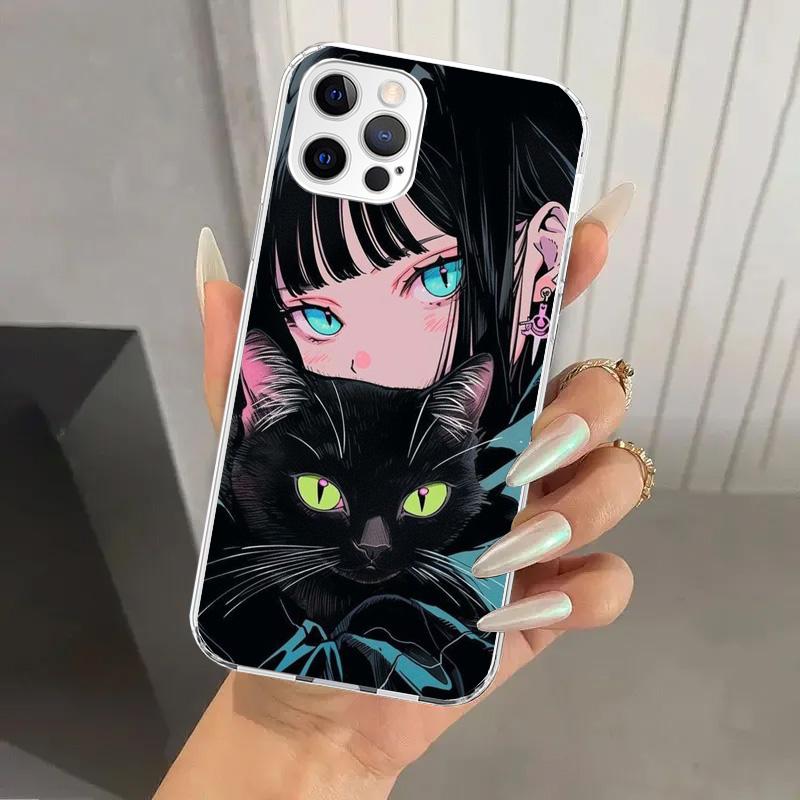 Anime Girls Cute Black Cat Phone Case for Iphone 17 Air 16 15 Plus 14 13 Mini 12 11 Pro Max 16E 7 8 SE 2020 Soft Funda Print She
