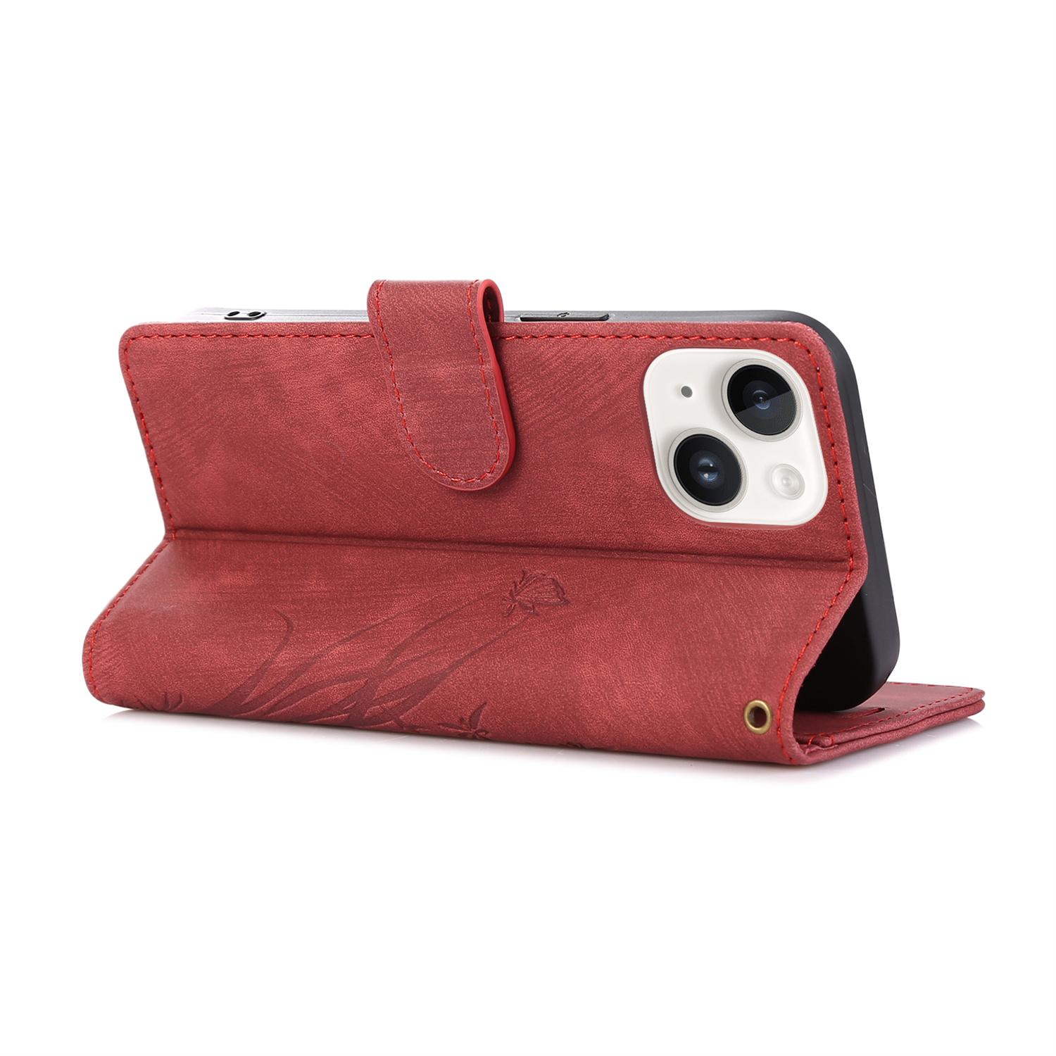 

For iPhone 13 Leather Case with Strap Wallet Stand Orchid Butterfly Pattern Red