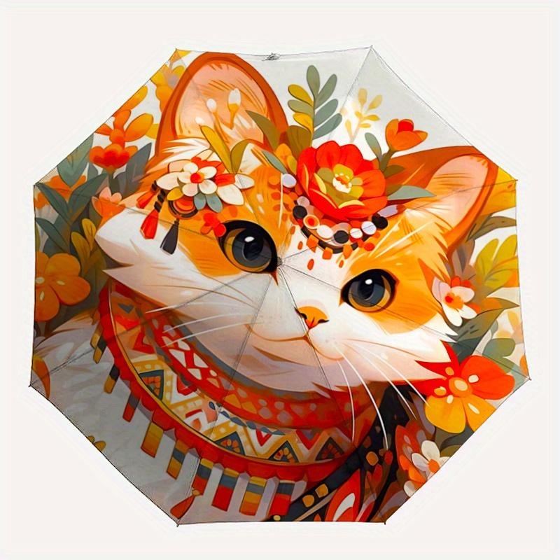 1pc Orange Cat Creative Design Durable Cartoon Folding Umbrella, Portable 3-Fold Compact Umbrella for Men and Women, Suitable for Travel or