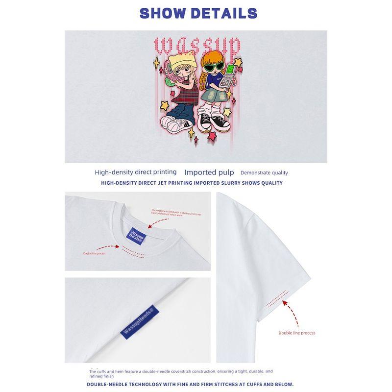 Wassup Heods Music Girl Trendy Brand Heavyweight Short-Sleeve T-Shirt for Men, Summer Loose Round Neck National Trend Couple T-Shirt