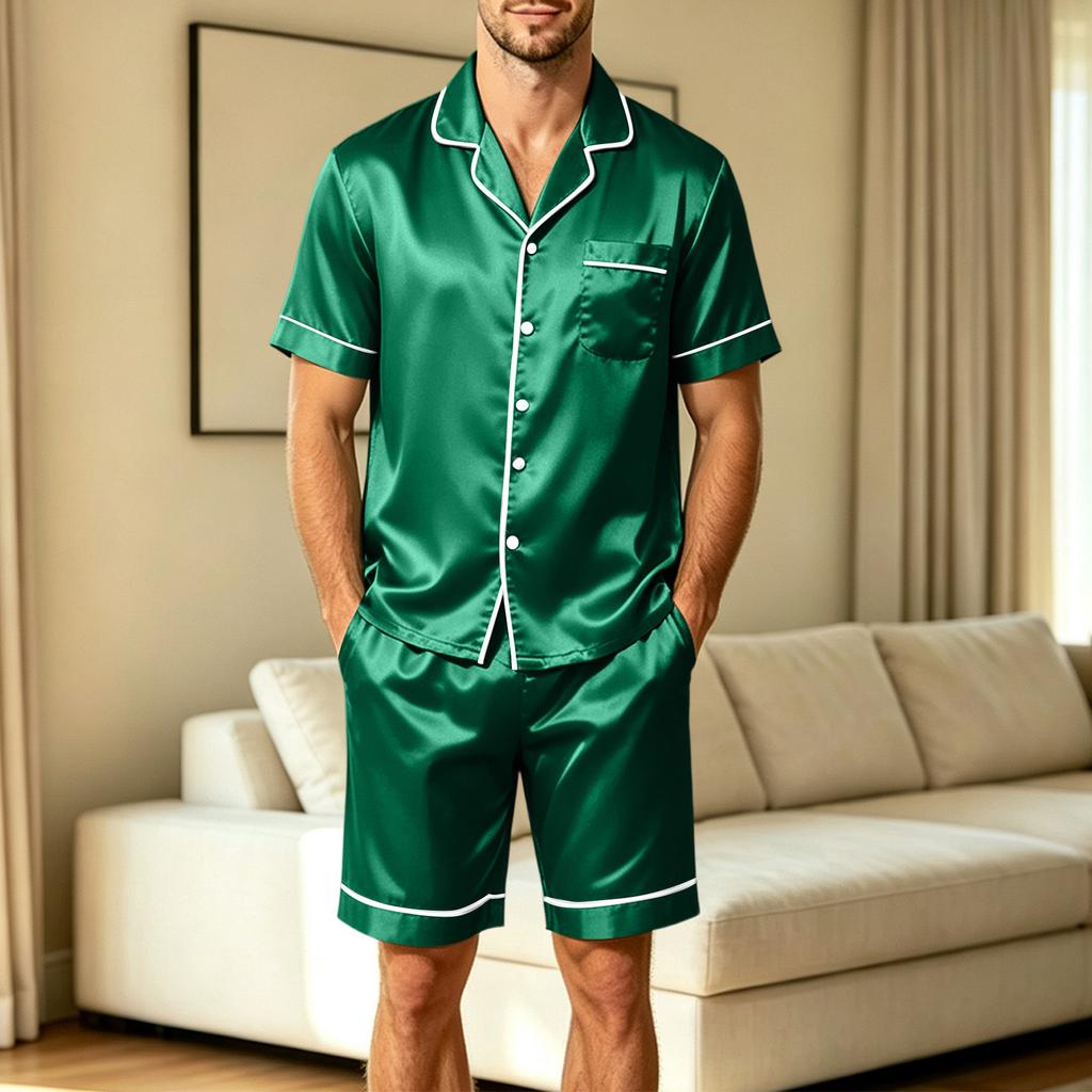 Men's Short Sleeve Pajama Set with Chest Pocket and Two Pocket Shorts for Casual Sleepwear